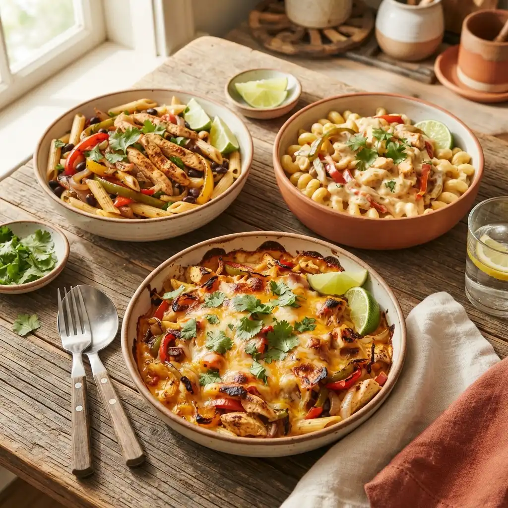 Assorted chicken fajita pasta dishes including classic one-pot chicken fajita pasta, creamy chicken fajita pasta, and cheesy chicken fajita pasta bake on a wooden table