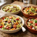 Lemon herb bow tie pasta salad tossed with fresh parsley, basil, and lemon zest