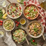 Grilled chicken Caesar pasta salad with Parmesan and croutons"