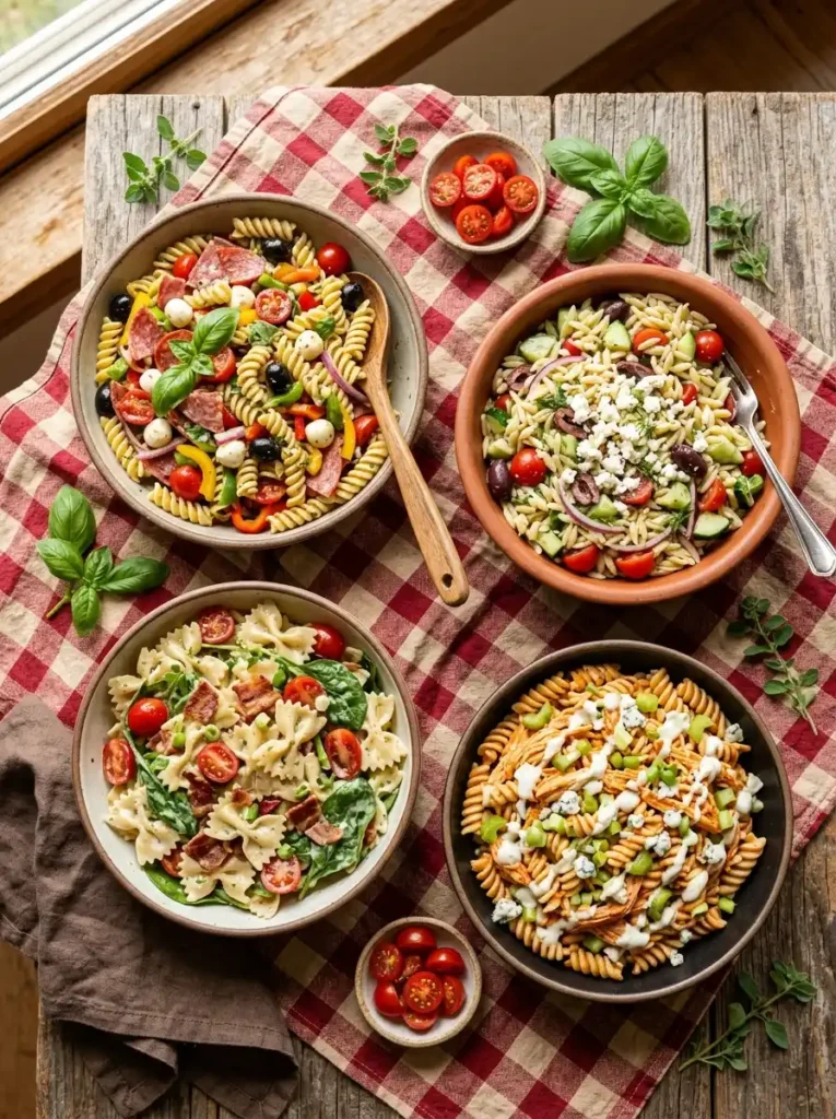 Classic Italian pasta salad with salami, mozzarella, and olives