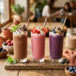 Lineup of high-protein smoothies including chocolate, strawberry, and blueberry varieties