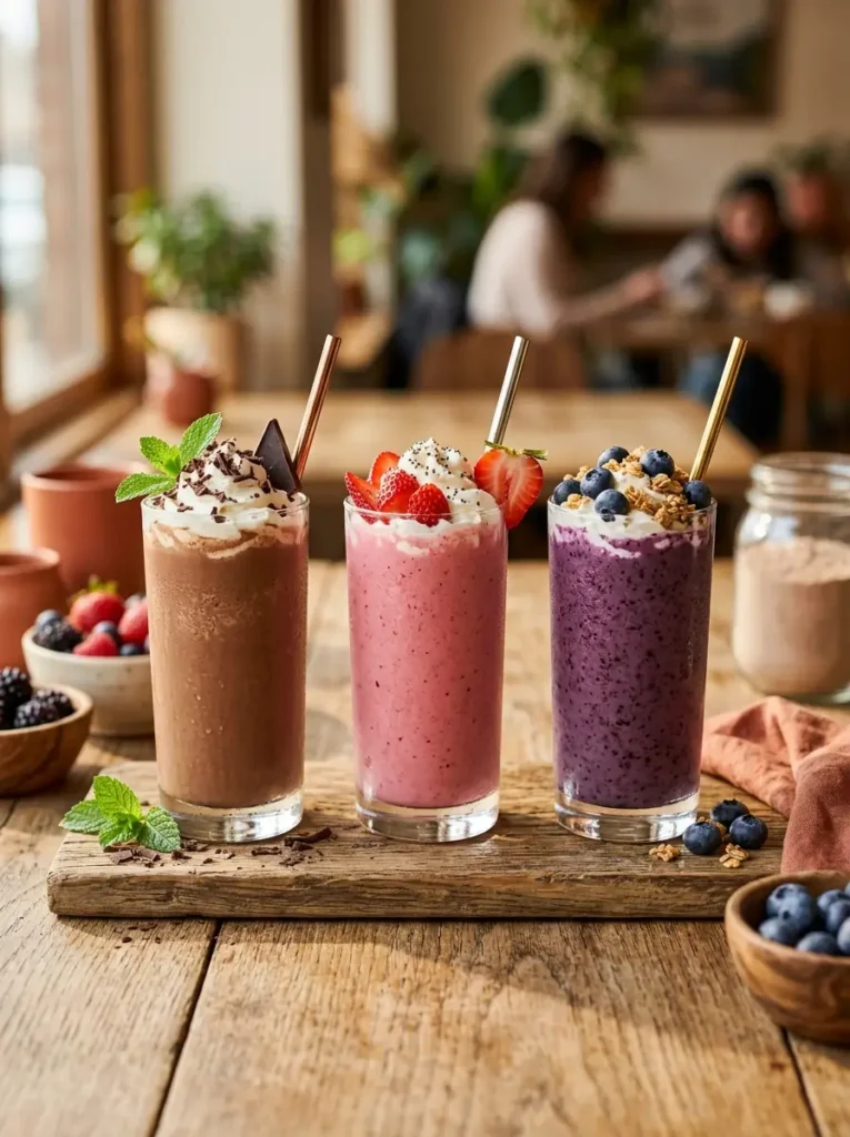 Lineup of high-protein smoothies including chocolate, strawberry, and blueberry varieties