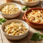 Assorted chicken cordon bleu pasta dishes including classic creamy chicken cordon bleu pasta, baked chicken cordon bleu casserole, and chicken cordon bleu mac and cheese on a wooden table