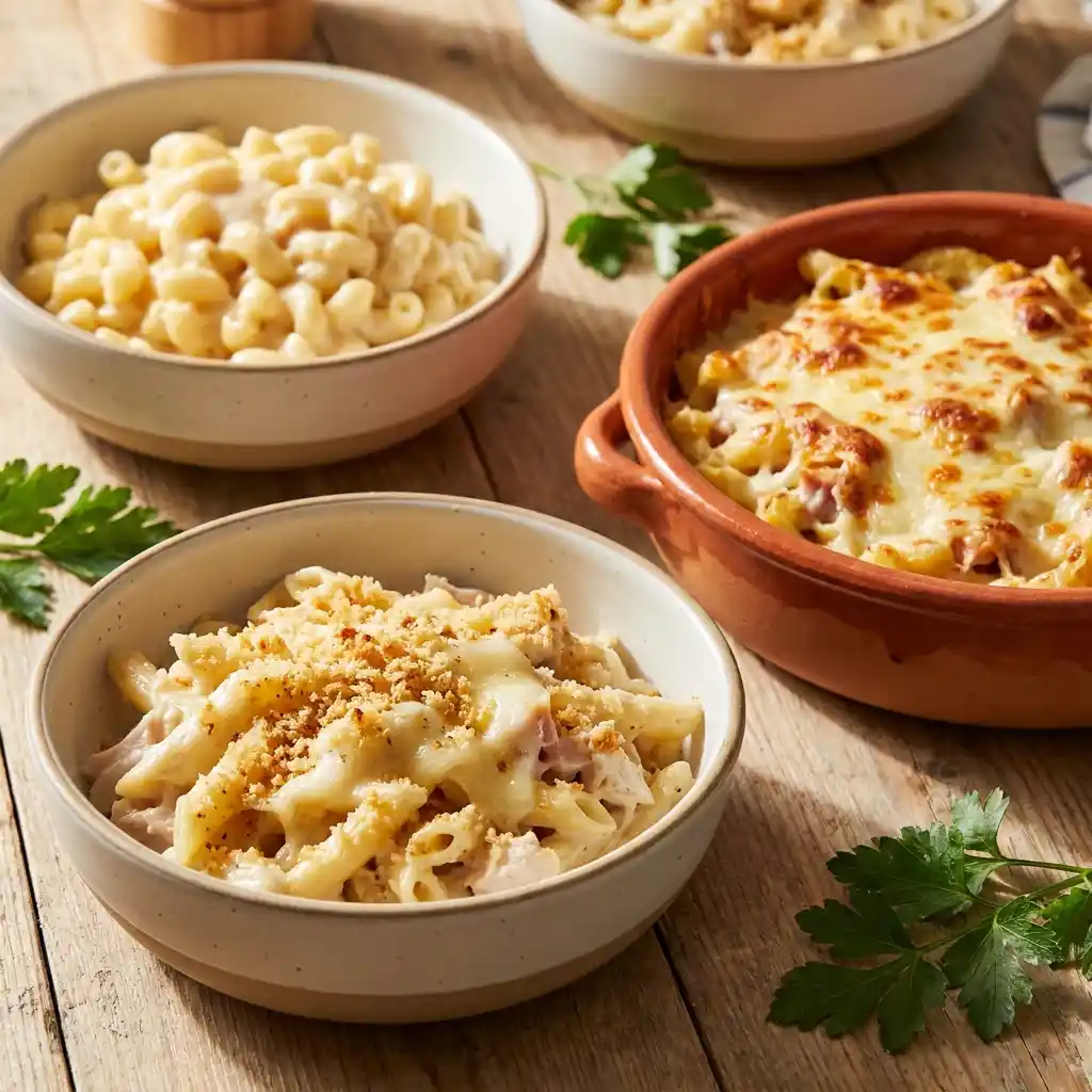 Assorted chicken cordon bleu pasta dishes including classic creamy chicken cordon bleu pasta, baked chicken cordon bleu casserole, and chicken cordon bleu mac and cheese on a wooden table