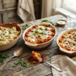 Assorted chicken stuffed pasta shells including classic cheesy chicken stuffed shells, chicken Alfredo stuffed shells, and buffalo chicken stuffed shells on a wooden table