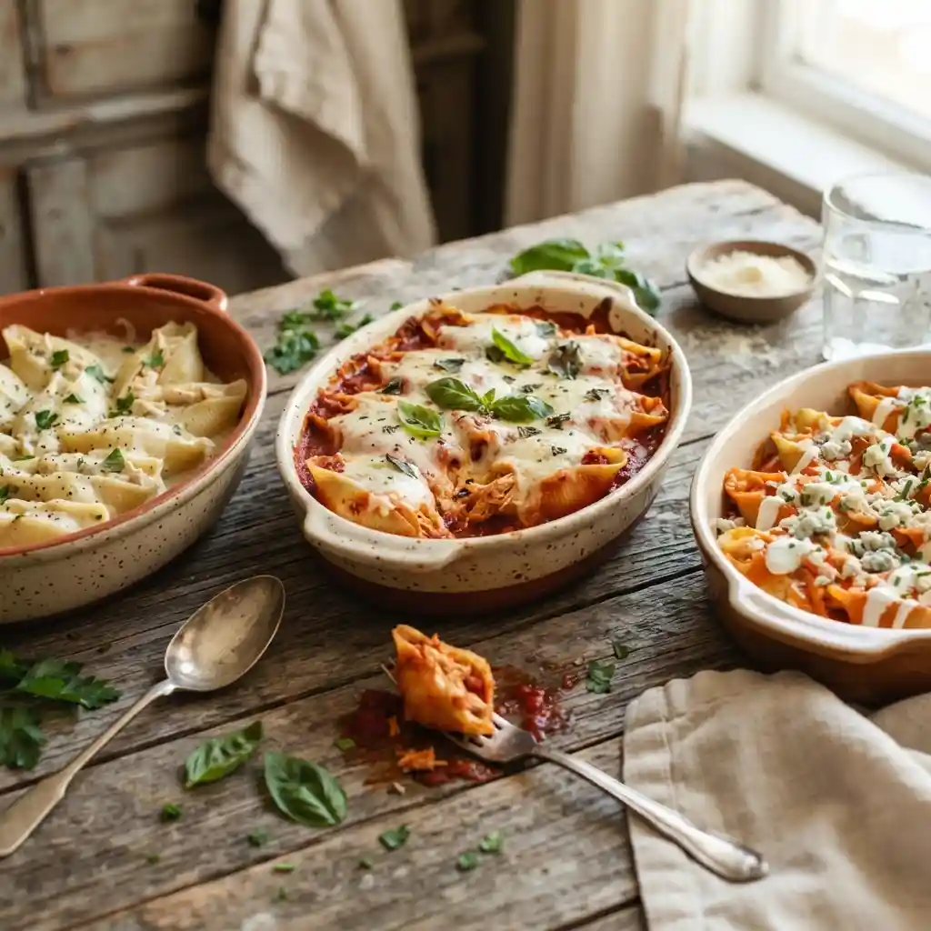 Assorted chicken stuffed pasta shells including classic cheesy chicken stuffed shells, chicken Alfredo stuffed shells, and buffalo chicken stuffed shells on a wooden table