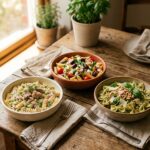 Assorted tuna pasta salads including classic creamy tuna pasta salad, Mediterranean tuna pasta salad, and tuna pesto pasta salad on a wooden table