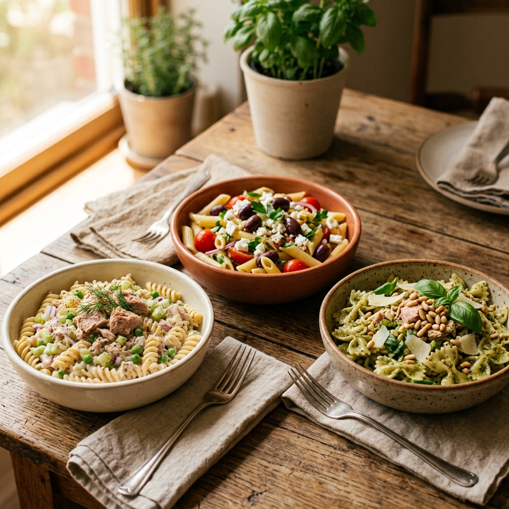 Assorted tuna pasta salads including classic creamy tuna pasta salad, Mediterranean tuna pasta salad, and tuna pesto pasta salad on a wooden table