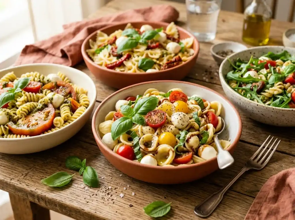 Classic caprese pasta salad with cherry tomatoes, mozzarella pearls, and fresh basil