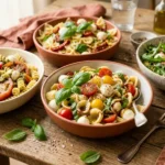 Classic caprese pasta salad with cherry tomatoes, mozzarella pearls, and fresh basil