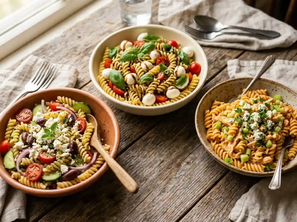 Assorted gluten-free pasta salads including Greek, Caprese, and buffalo chicken pasta salad on a wooden table