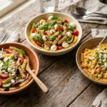 Assorted gluten-free pasta salads including Greek, Caprese, and buffalo chicken pasta salad on a wooden table