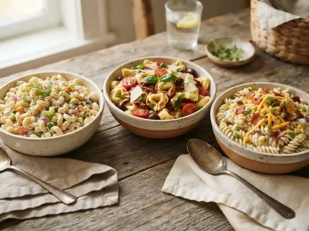 Assorted cold pasta salads including classic macaroni pasta salad, tortellini pasta salad, and bacon ranch pasta salad on a wooden table