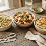 Assorted cold pasta salads including classic macaroni pasta salad, tortellini pasta salad, and bacon ranch pasta salad on a wooden table
