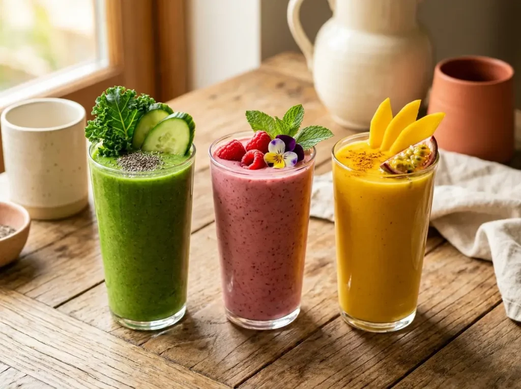 Colorful lineup of trending smoothie recipes in glasses on a wooden table