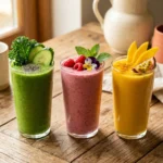 Colorful lineup of trending smoothie recipes in glasses on a wooden table
