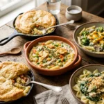 Classic chicken pot pie pasta with tender chicken, peas, and carrots in a creamy sauce