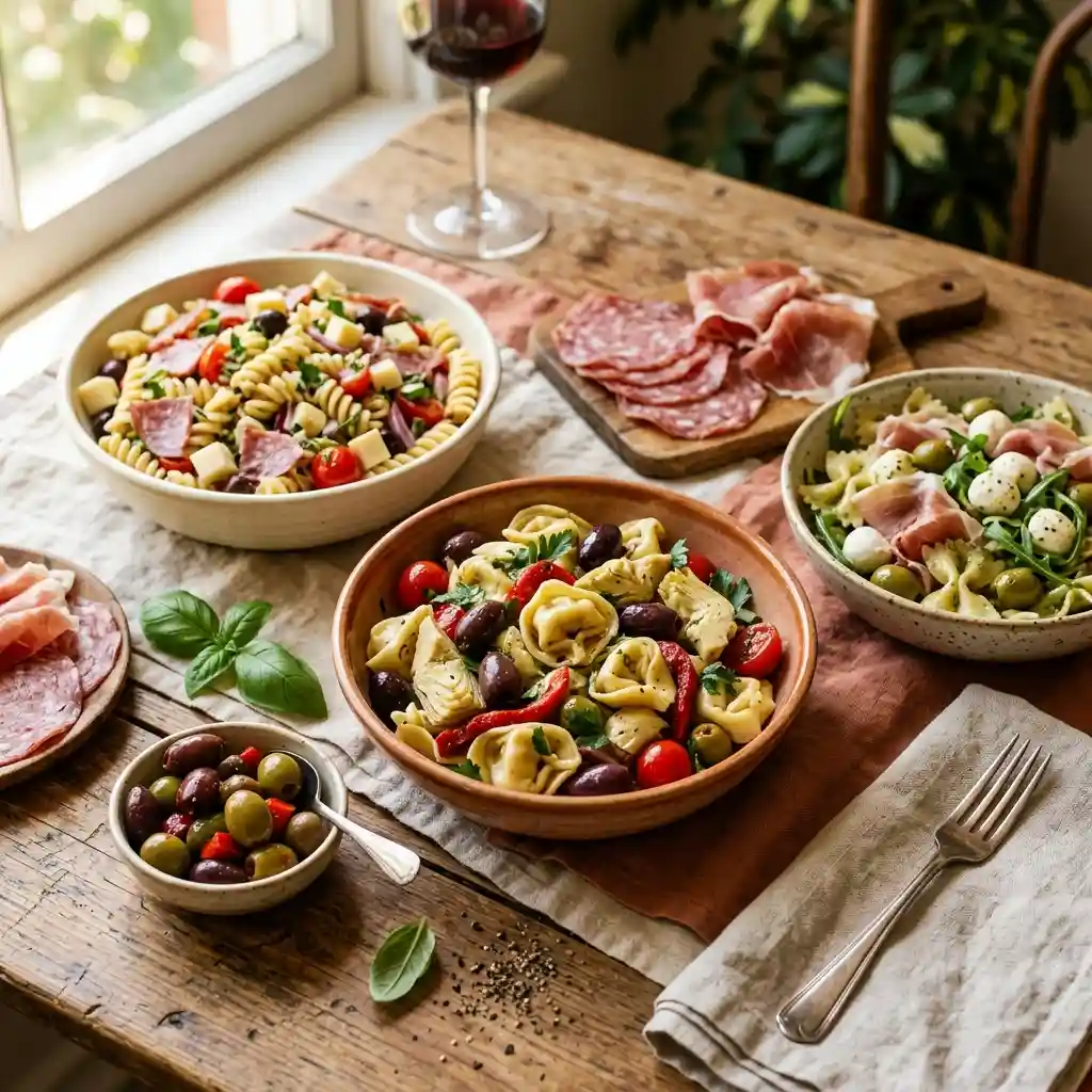Assorted antipasto pasta salads including classic salami and provolone antipasto pasta salad, prosciutto mozzarella antipasto pasta salad, and tortellini antipasto pasta salad on a wooden table