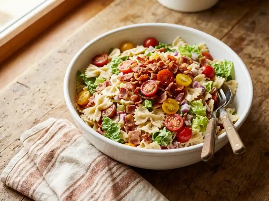 Finished BLT pasta salad served in a bowl, garnished with bacon and cherry tomatoes