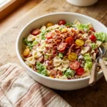 Finished BLT pasta salad served in a bowl, garnished with bacon and cherry tomatoes