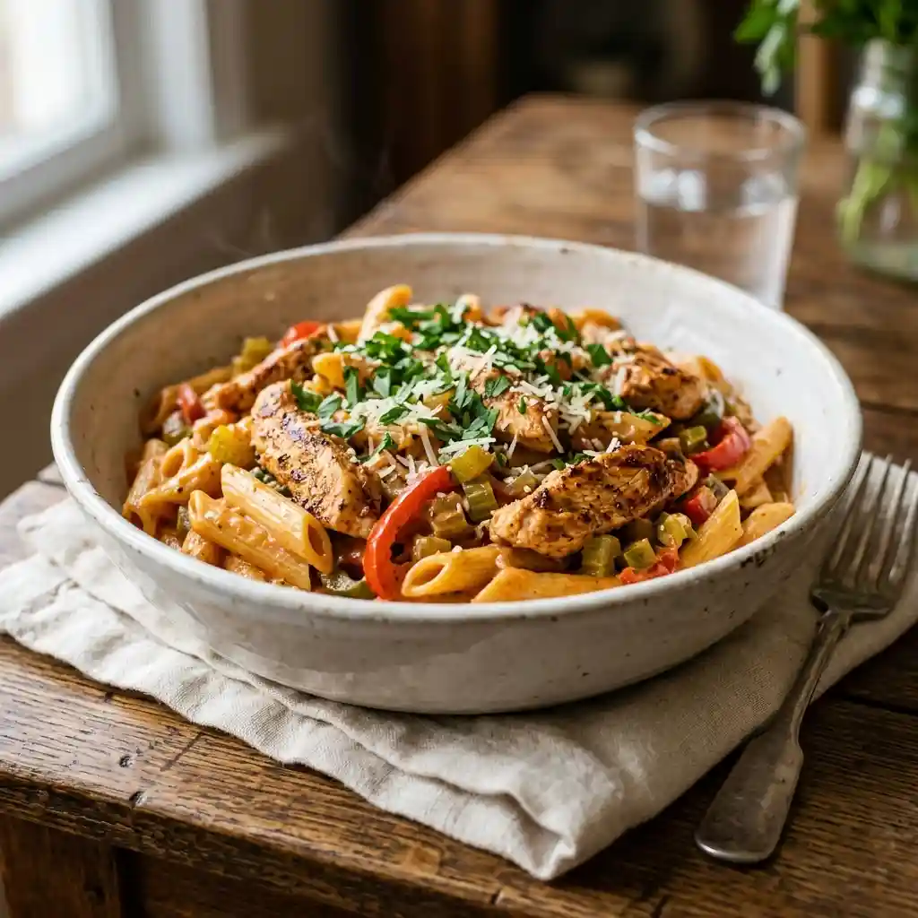 Bayou-inspired chicken pasta with seasoned chicken, peppers, and pasta in a creamy sauce.