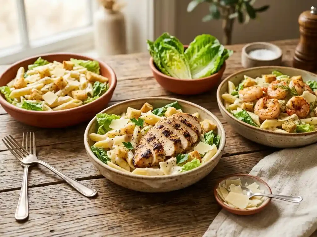 Assorted Caesar pasta salads including classic Caesar pasta salad with penne, grilled chicken Caesar pasta salad, and shrimp Caesar pasta salad on a wooden table