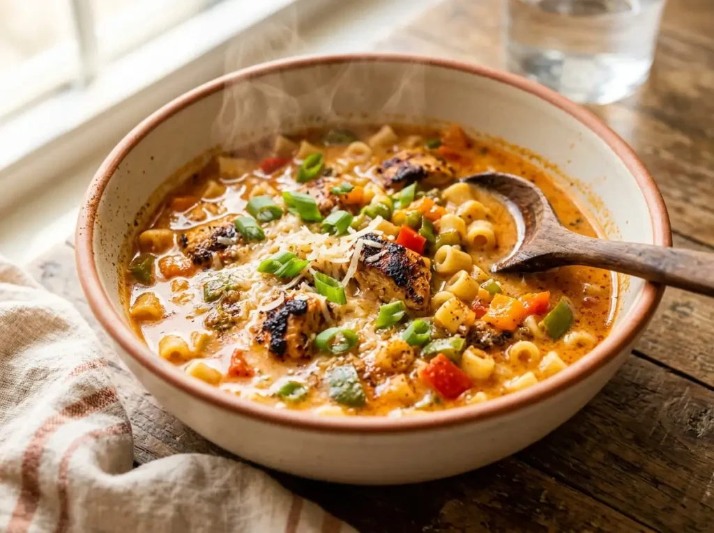 Cajun chicken pasta soup with ditalini, bell peppers, and parmesan in a bowl