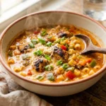 Cajun chicken pasta soup with ditalini, bell peppers, and parmesan in a bowl