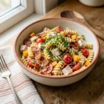 Chicken club pasta salad with bacon, cherry tomatoes, and cheddar in a creamy dressing