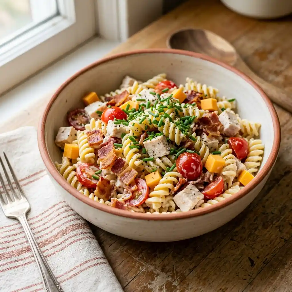 Chicken club pasta salad with bacon, cherry tomatoes, and cheddar in a creamy dressing