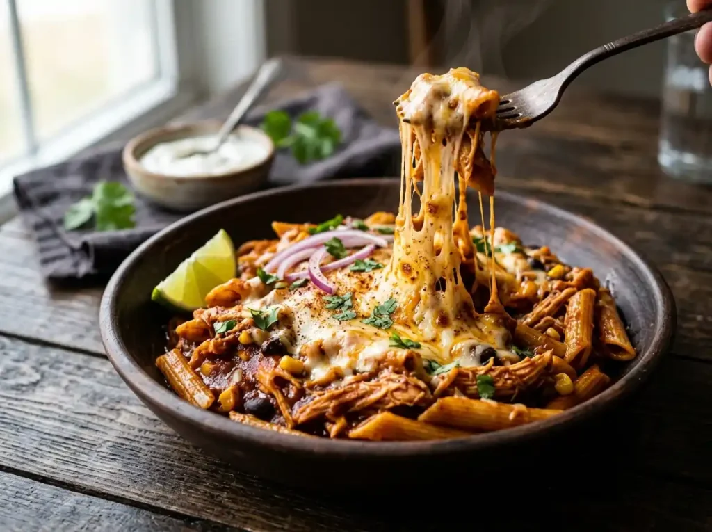 Skillet of cheesy chicken enchilada pasta with melted cheese, cilantro and lime