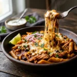 Skillet of cheesy chicken enchilada pasta with melted cheese, cilantro and lime