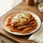Finished Chicken Parmesan Pasta plated with bubbly melted mozzarella and fresh basil