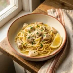 Chicken scampi pasta with garlic butter sauce, parmesan, and parsley in a bowl