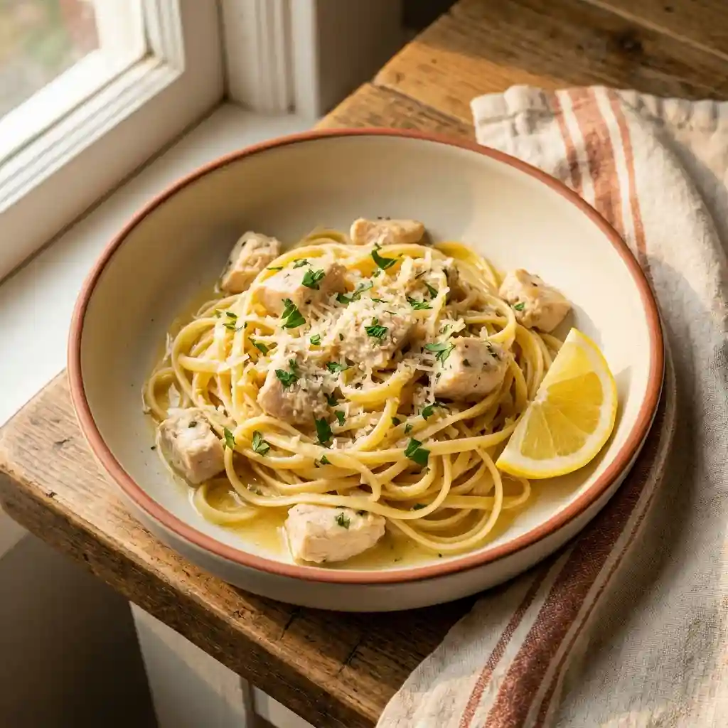 Chicken scampi pasta with garlic butter sauce, parmesan, and parsley in a bowl