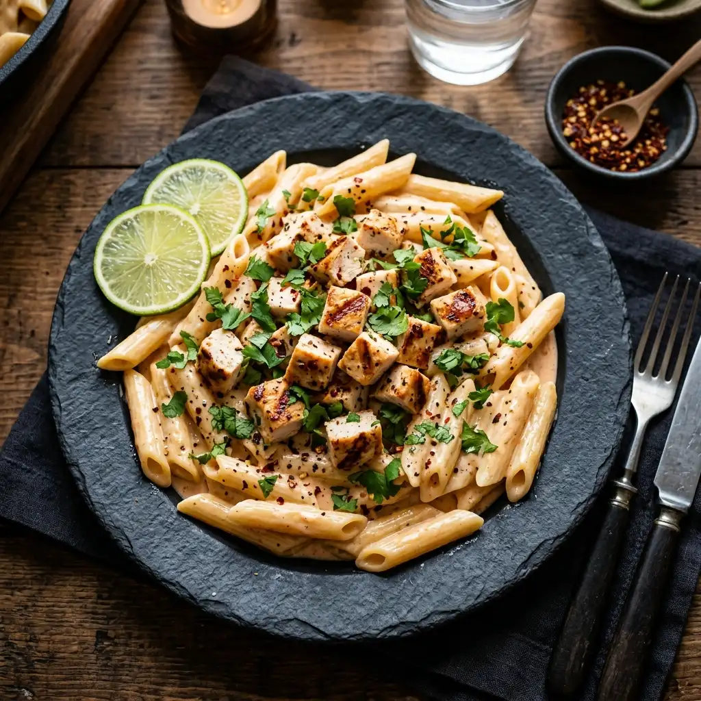 Creamy chicken tequila pasta with penne, grilled chicken, lime wedges, and cilantro on a dark plate