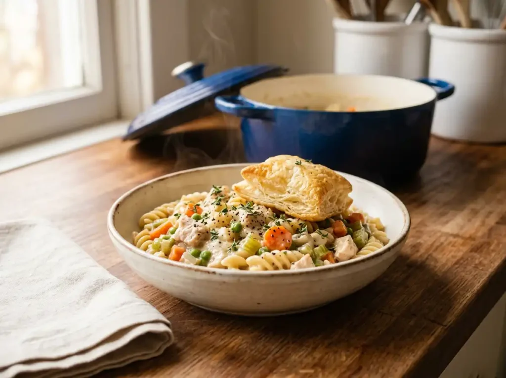: Finished Chicken Pot Pie Pasta in a bowl topped with a flaky puff pastry crouton and fresh thyme