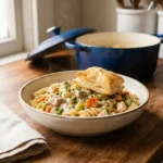 : Finished Chicken Pot Pie Pasta in a bowl topped with a flaky puff pastry crouton and fresh thyme