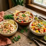 Assorted cold shrimp pasta salads including Cajun shrimp pasta salad, Greek shrimp pasta salad, and mango shrimp pasta salad on a wooden table