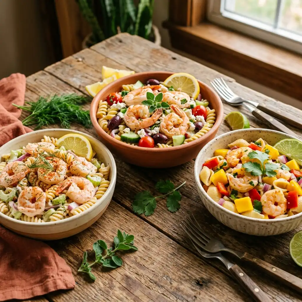 Assorted cold shrimp pasta salads including Cajun shrimp pasta salad, Greek shrimp pasta salad, and mango shrimp pasta salad on a wooden table