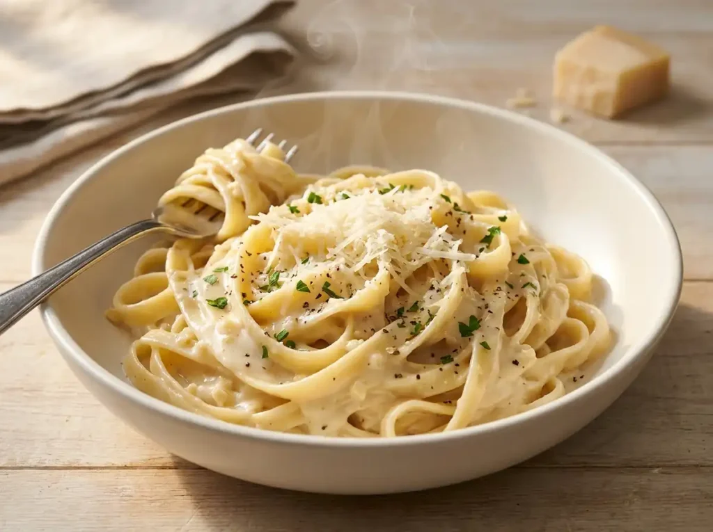 Creamy garlic parmesan pasta with fettuccine, grated parmesan and parsley in a light ceramic bowl