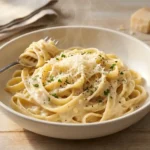 Creamy garlic parmesan pasta with fettuccine, grated parmesan and parsley in a light ceramic bowl