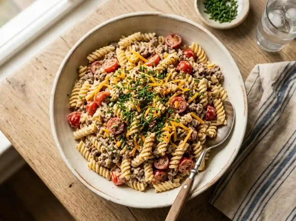 Creamy ranch pasta salad with ground beef and cheddar