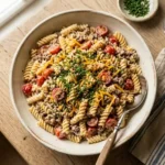 Creamy ranch pasta salad with ground beef and cheddar