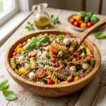 Wooden bowl of Italian pasta salad with rotini, cherry tomatoes, mozzarella pearls, salami and olives
