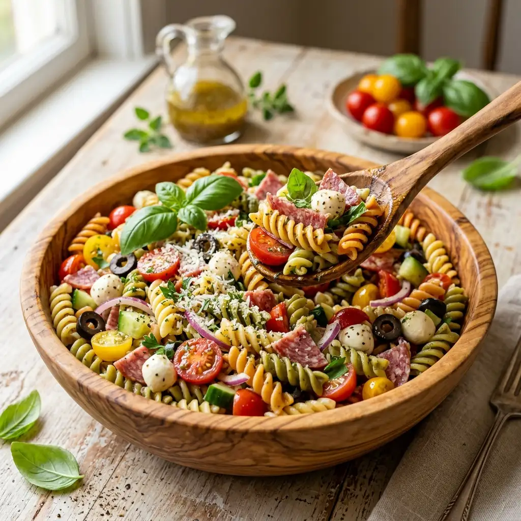 Wooden bowl of Italian pasta salad with rotini, cherry tomatoes, mozzarella pearls, salami and olives