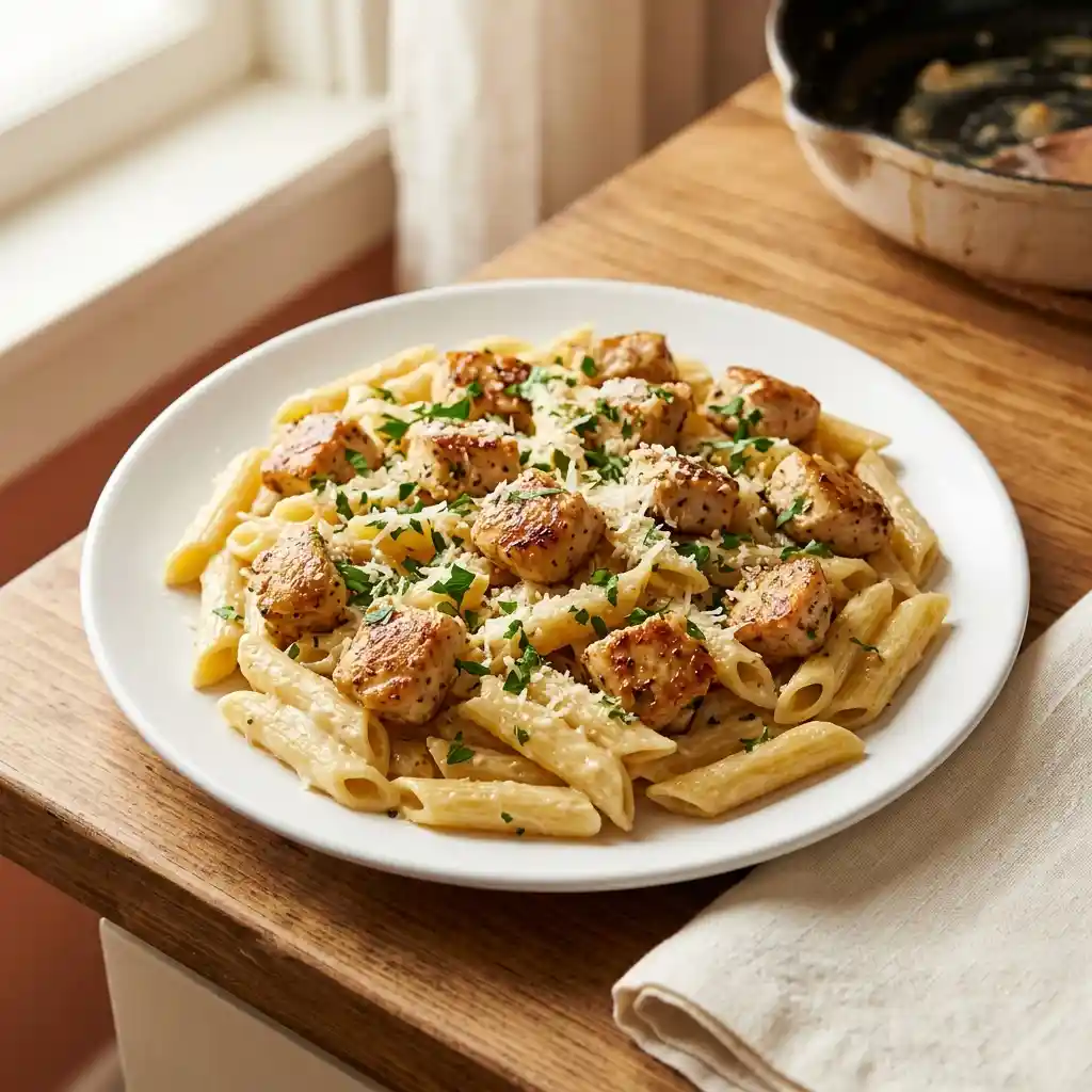 Finished Garlic Butter Chicken Bites with Creamy Parmesan Pasta, garnished with fresh parsley