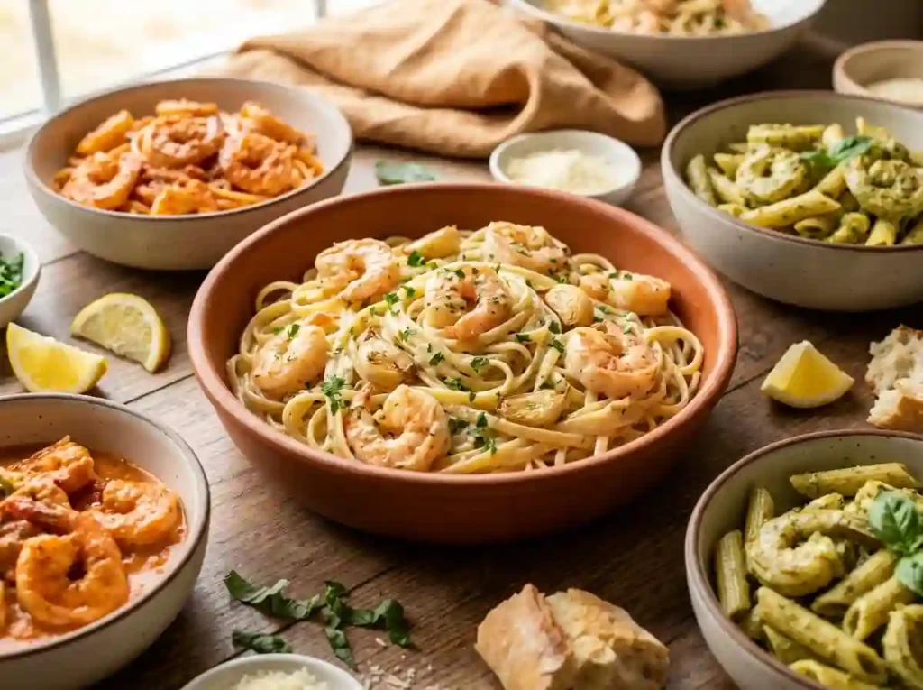 Creamy garlic shrimp pasta with sautéed shrimp in a rich garlic cream sauce over fettuccine, garnished with fresh parsley