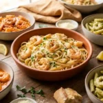Creamy garlic shrimp pasta with sautéed shrimp in a rich garlic cream sauce over fettuccine, garnished with fresh parsley
