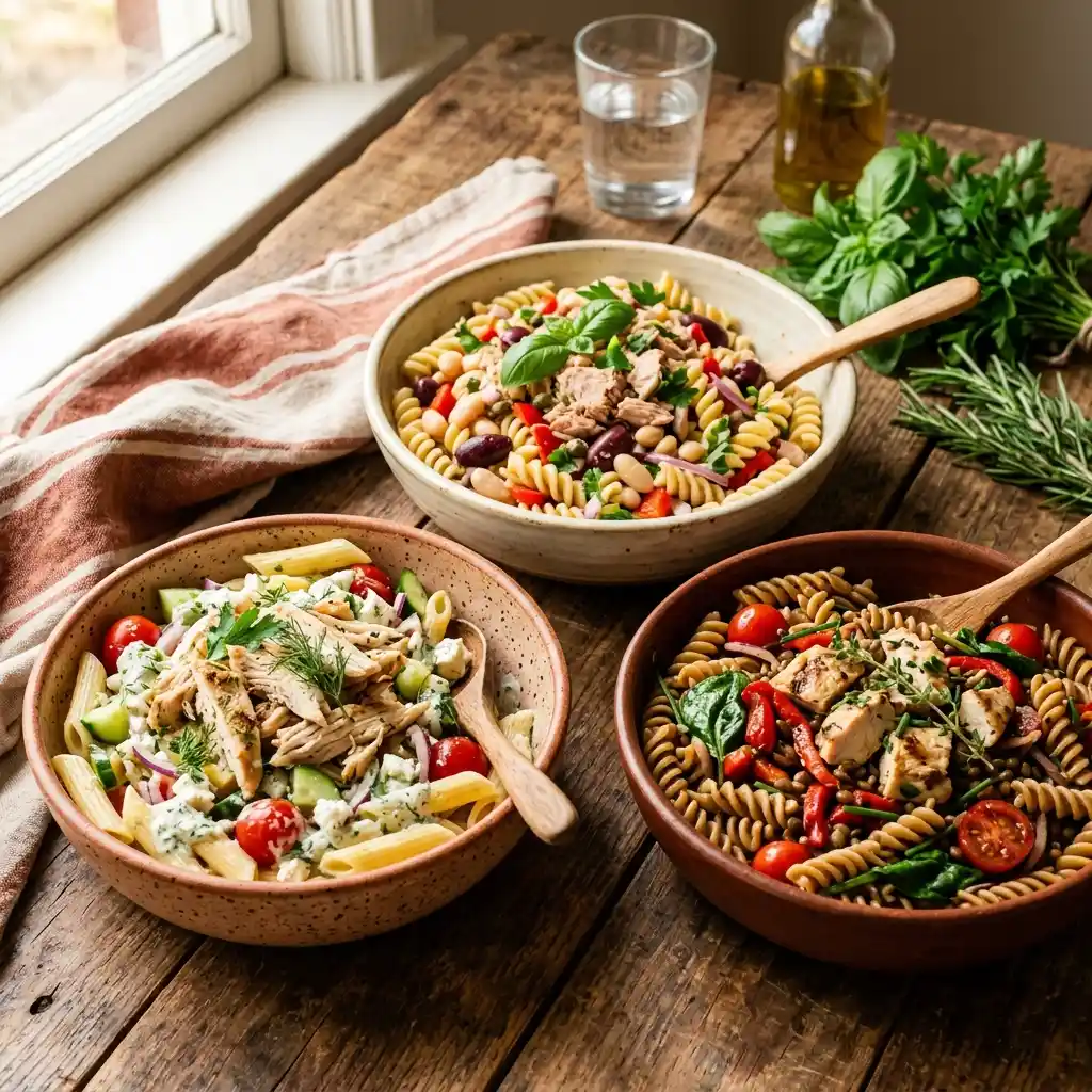 Assorted high protein pasta salads including classic high protein chicken pasta salad, tuna and white bean pasta salad, and lentil pasta salad with grilled chicken on a wooden table